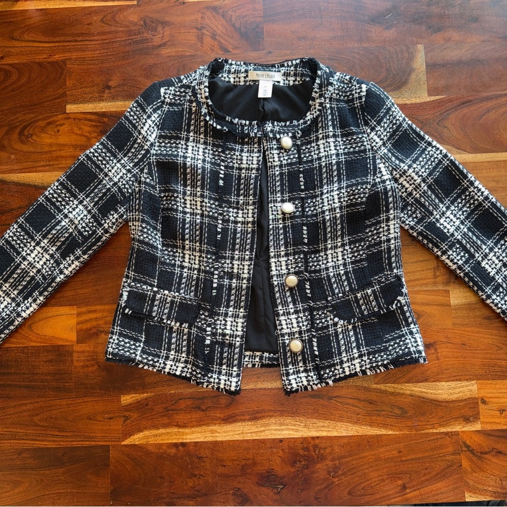 White House Black Market Black and White Plaid Tweed Jacket